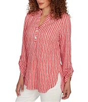 Ruby Rd. Petite Size Crinkle Knit Stripe V-Neck Long Roll-Tab Sleeve Henley Top