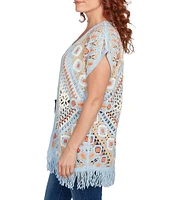 Ruby Rd. Petite Size Crochet Geometric Cap Sleeve Open-Front Cardigan