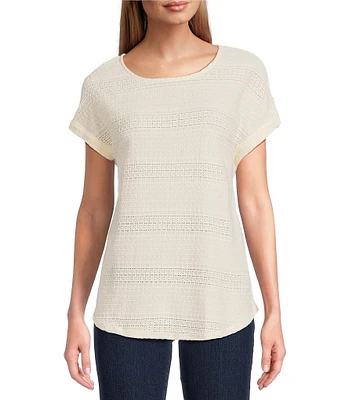Ruby Rd. Petite Size Crochet Knit Boat Neck Short Button Tab Sleeve Top