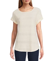 Ruby Rd. Petite Size Crochet Knit Boat Neck Short Button Tab Sleeve Top