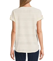 Ruby Rd. Petite Size Crochet Knit Boat Neck Short Button Tab Sleeve Top