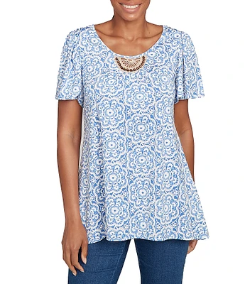 Ruby Rd. Petite Size Embellished Beaded Macrame Scoop Neck Short Sleeve Top