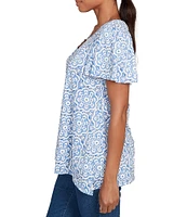 Ruby Rd. Petite Size Embellished Beaded Macrame Scoop Neck Short Sleeve Top