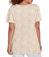 Ruby Rd. Petite Size Embellished Beaded Macrame Scoop Neck Short Sleeve Top