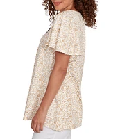 Ruby Rd. Petite Size Embellished Beaded Macrame Scoop Neck Short Sleeve Top