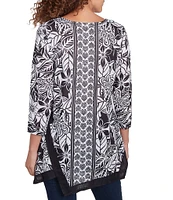Ruby Rd. Petite Size Embellished Printed Scoop Neck 3/4 Sleeve Shark-Bite Hem Top