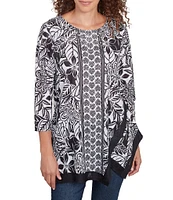 Ruby Rd. Petite Size Embellished Printed Scoop Neck 3/4 Sleeve Shark-Bite Hem Top