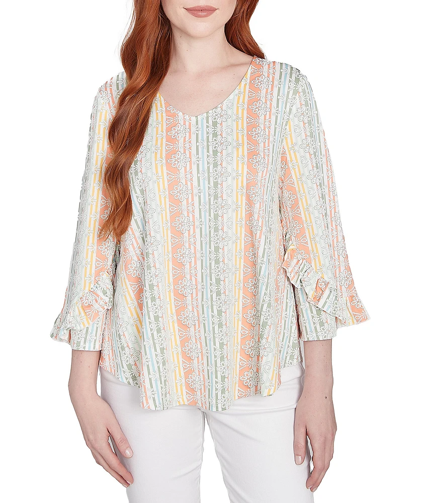 Ruby Rd. Petite Size Stripe Floral Puff Print V-Neck 3/4 Bell Sleeve Top