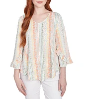 Ruby Rd. Petite Size Stripe Floral Puff Print V-Neck 3/4 Bell Sleeve Top
