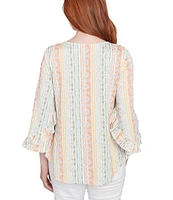 Ruby Rd. Petite Size Stripe Floral Puff Print V-Neck 3/4 Bell Sleeve Top