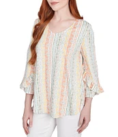 Ruby Rd. Petite Size Stripe Floral Puff Print V-Neck 3/4 Bell Sleeve Top