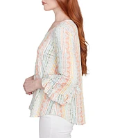 Ruby Rd. Petite Size Stripe Floral Puff Print V-Neck 3/4 Bell Sleeve Top