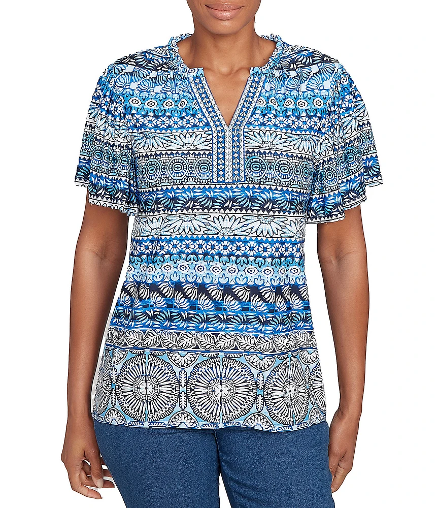 Ruby Rd. Petite Size Embellished Stripe Split V-Nek Short Sleeve Knit Top