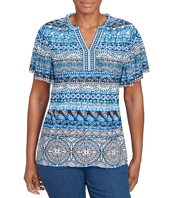 Ruby Rd. Petite Size Embellished Stripe Split V-Nek Short Sleeve Knit Top
