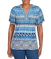 Ruby Rd. Petite Size Embellished Stripe Split V-Nek Short Sleeve Knit Top