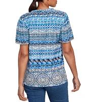Ruby Rd. Petite Size Embellished Stripe Split V-Nek Short Sleeve Knit Top