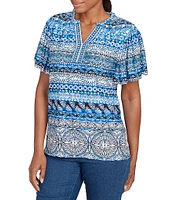 Ruby Rd. Petite Size Embellished Stripe Split V-Nek Short Sleeve Knit Top