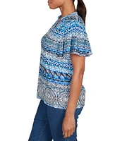 Ruby Rd. Petite Size Embellished Stripe Split V-Nek Short Sleeve Knit Top