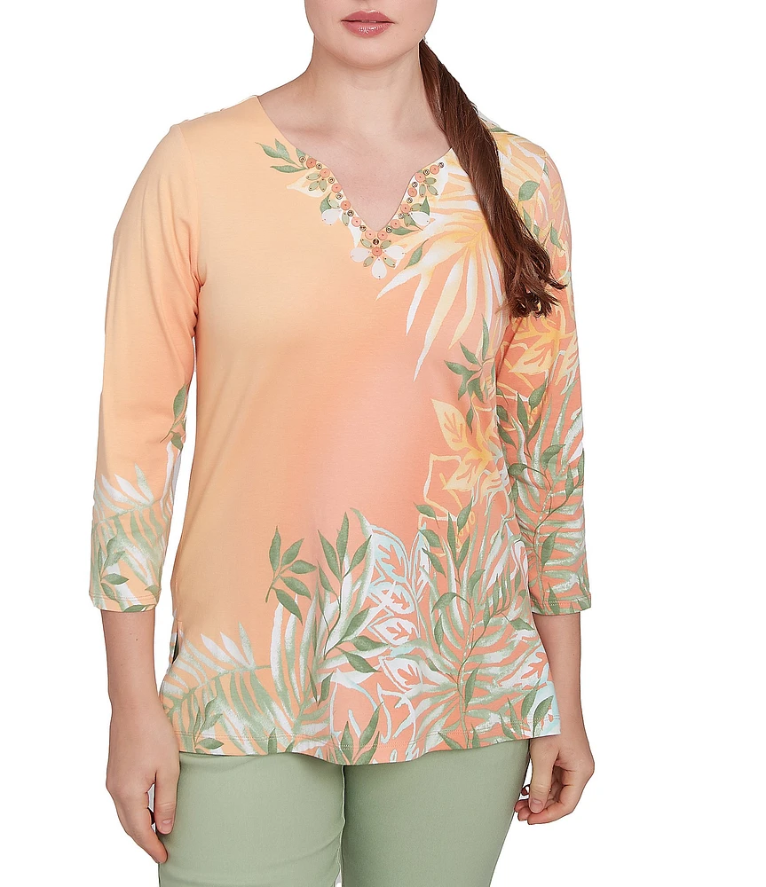 Ruby Rd. Petite Size Embellished V-Neck 3/4 Sleeve Knit Top