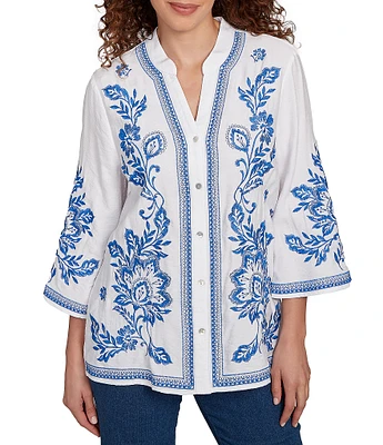 Ruby Rd. Petite Size Embroidered Floral Banded Collar 3/4 Sleeve Button Front Shirt