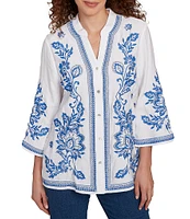 Ruby Rd. Petite Size Embroidered Floral Banded Collar 3/4 Sleeve Button Front Shirt