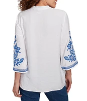 Ruby Rd. Petite Size Embroidered Floral Banded Collar 3/4 Sleeve Button Front Shirt