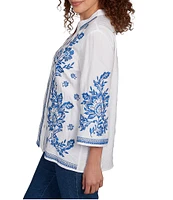 Ruby Rd. Petite Size Embroidered Floral Banded Collar 3/4 Sleeve Button Front Shirt