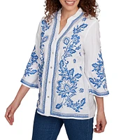 Ruby Rd. Petite Size Embroidered Floral Banded Collar 3/4 Sleeve Button Front Shirt