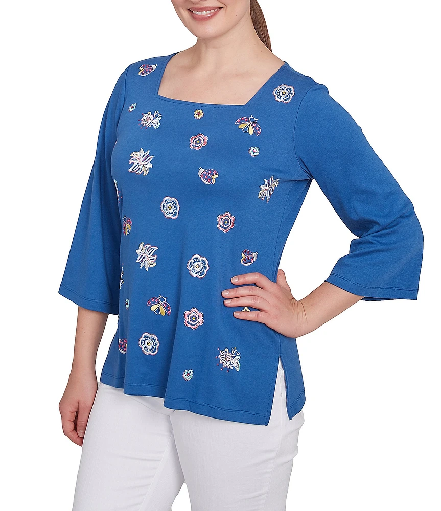 Ruby Rd. Petite Size Embroidered Knit Square Neck 3/4 Sleeve Top