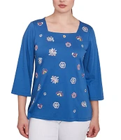 Ruby Rd. Petite Size Embroidered Knit Square Neck 3/4 Sleeve Top