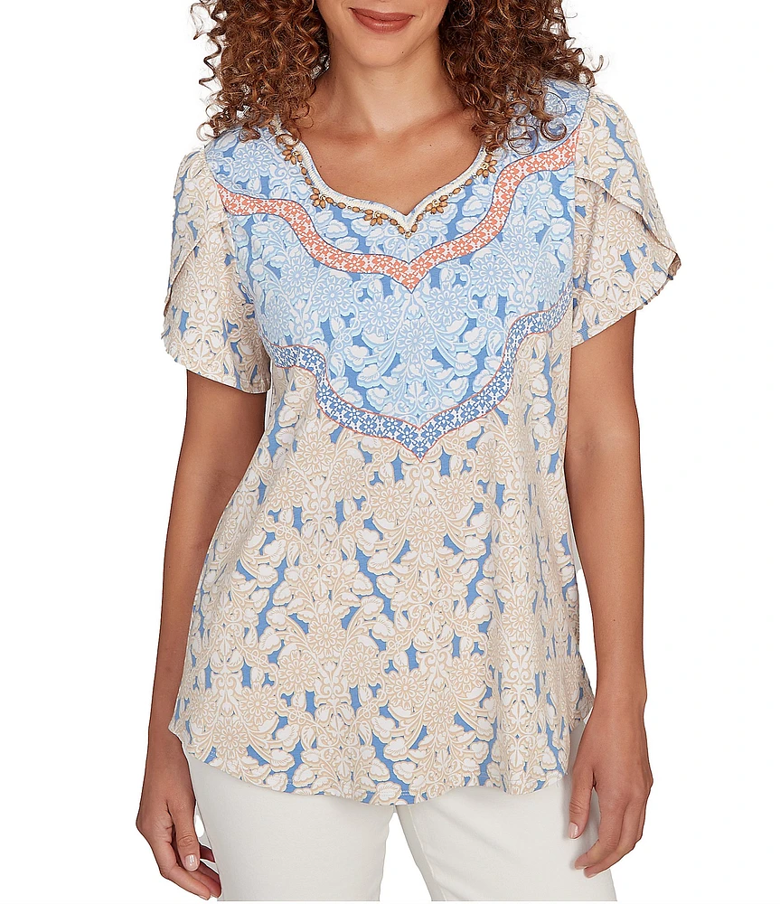 Ruby Rd. Petite Size Embroidered Printed Sweetheart Neck Short Tulip Sleeve Top