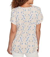 Ruby Rd. Petite Size Embroidered Printed Sweetheart Neck Short Tulip Sleeve Top