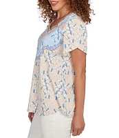 Ruby Rd. Petite Size Embroidered Printed Sweetheart Neck Short Tulip Sleeve Top