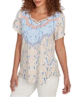 Ruby Rd. Petite Size Embroidered Printed Sweetheart Neck Short Tulip Sleeve Top