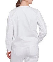 Ruby Rd. Petite Size Embroidered Round Neck Long Sleeve Button-Front Denim Jacket