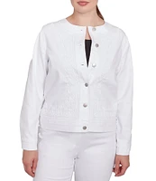 Ruby Rd. Petite Size Embroidered Round Neck Long Sleeve Button-Front Denim Jacket