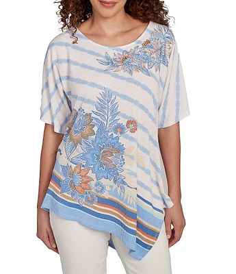 Ruby Rd. Petite Size Embroidered Stripe Scoop Neck Short Sleeve Asymmetric Hem Knit Top