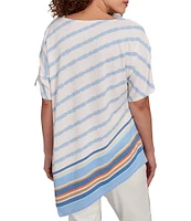 Ruby Rd. Petite Size Embroidered Stripe Scoop Neck Short Sleeve Asymmetric Hem Knit Top
