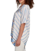 Ruby Rd. Petite Size Embroidered Stripe Scoop Neck Short Sleeve Asymmetric Hem Knit Top