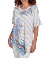 Ruby Rd. Petite Size Embroidered Stripe Scoop Neck Short Sleeve Asymmetric Hem Knit Top