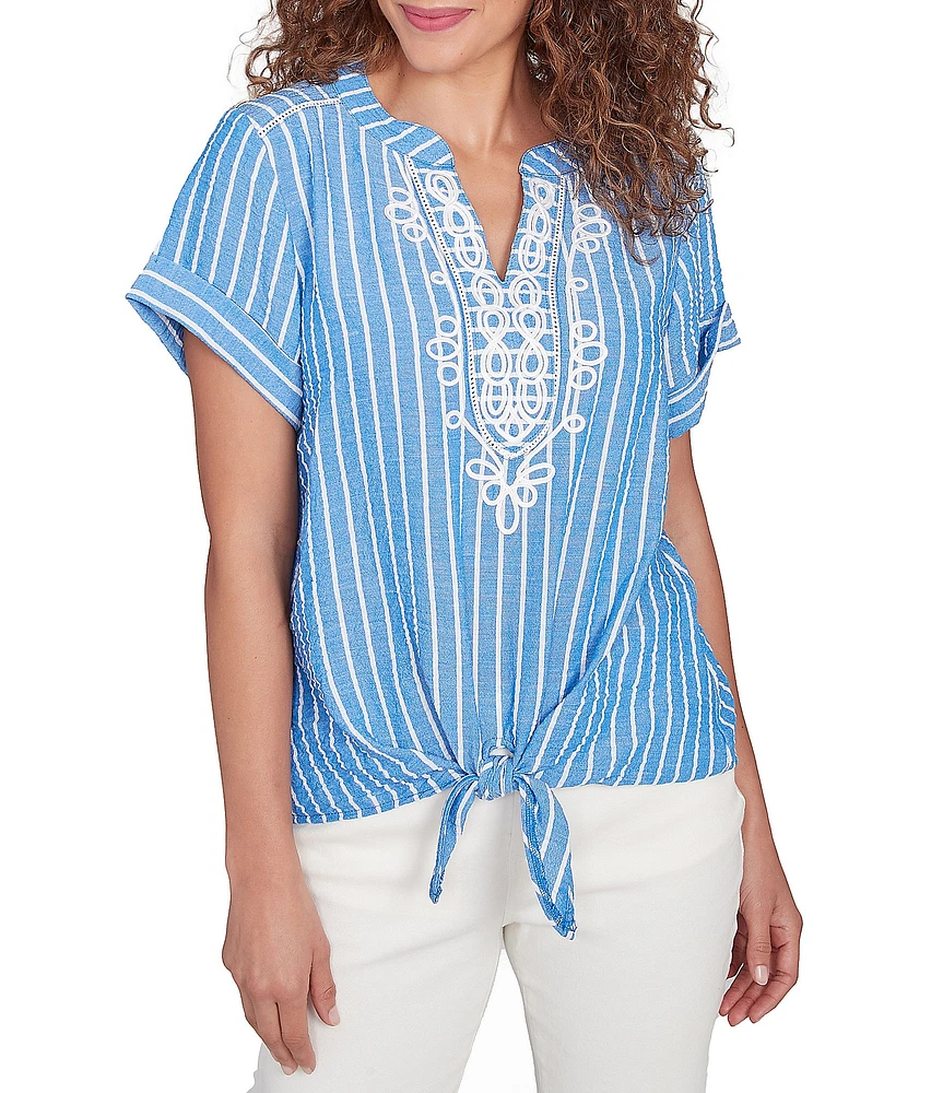 Ruby Rd. Petite Size Embroidered Stripe Split V-Neck Short Sleeve Tie-Front Top