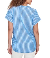 Ruby Rd. Petite Size Embroidered Stripe Split V-Neck Short Sleeve Tie-Front Top