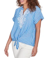 Ruby Rd. Petite Size Embroidered Stripe Split V-Neck Short Sleeve Tie-Front Top
