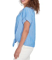 Ruby Rd. Petite Size Embroidered Stripe Split V-Neck Short Sleeve Tie-Front Top