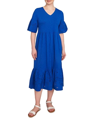 Ruby Rd. Petite Size Embroidered V-Neck Elbow Sleeve Tiered Hem Midi Dress