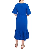 Ruby Rd. Petite Size Embroidered V-Neck Elbow Sleeve Tiered Hem Midi Dress