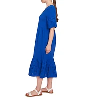 Ruby Rd. Petite Size Embroidered V-Neck Elbow Sleeve Tiered Hem Midi Dress