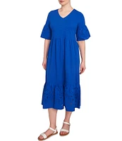 Ruby Rd. Petite Size Embroidered V-Neck Elbow Sleeve Tiered Hem Midi Dress