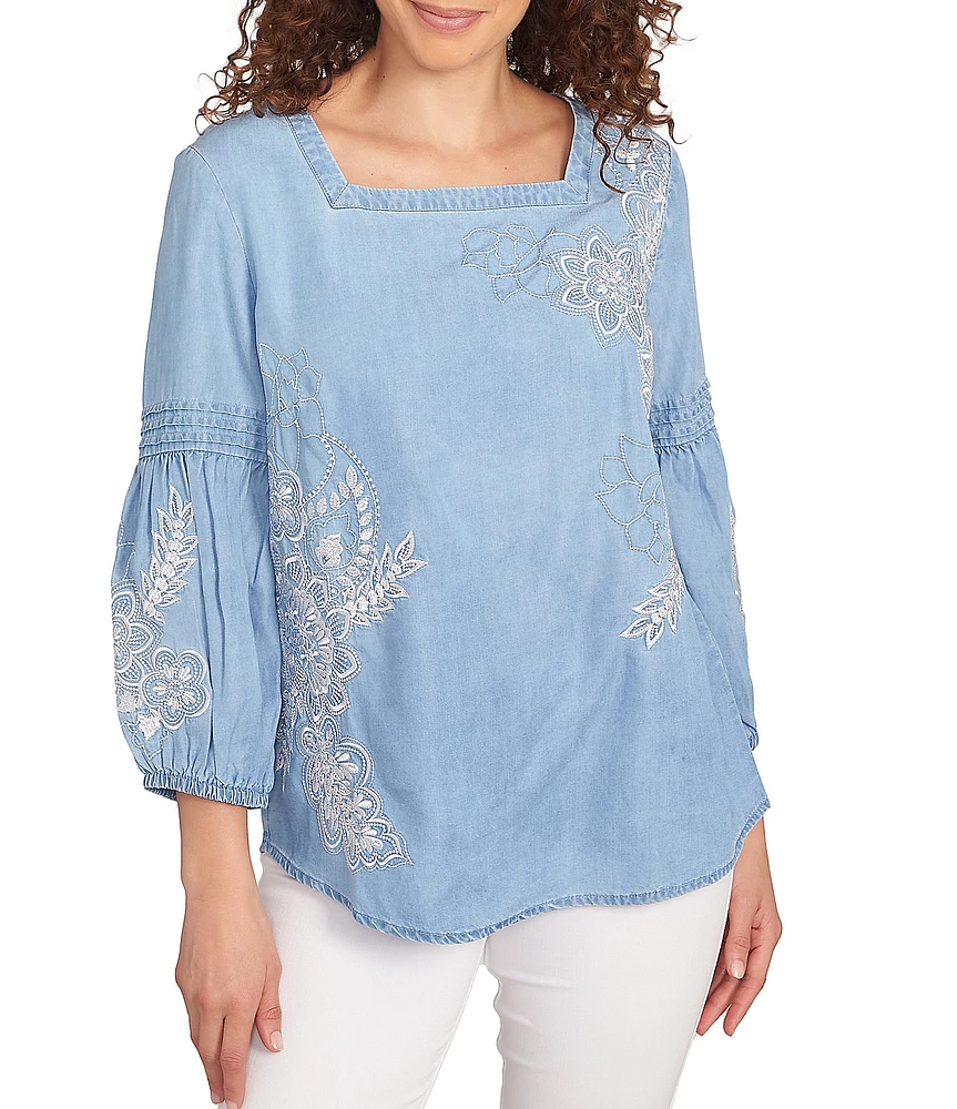 Ruby Rd. Petite Size Embroidery Floral Square Neck 3/4 Bishop Sleeve Top