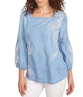 Ruby Rd. Petite Size Embroidery Floral Square Neck 3/4 Bishop Sleeve Top